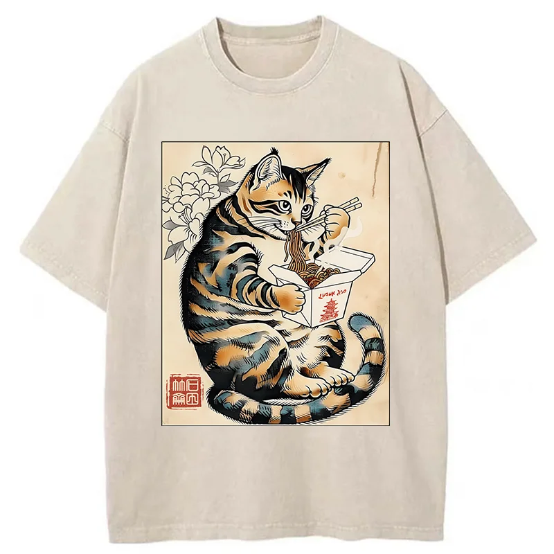 Tokyo-Tiger Cat Eating Takeout Washed T-Shirt
