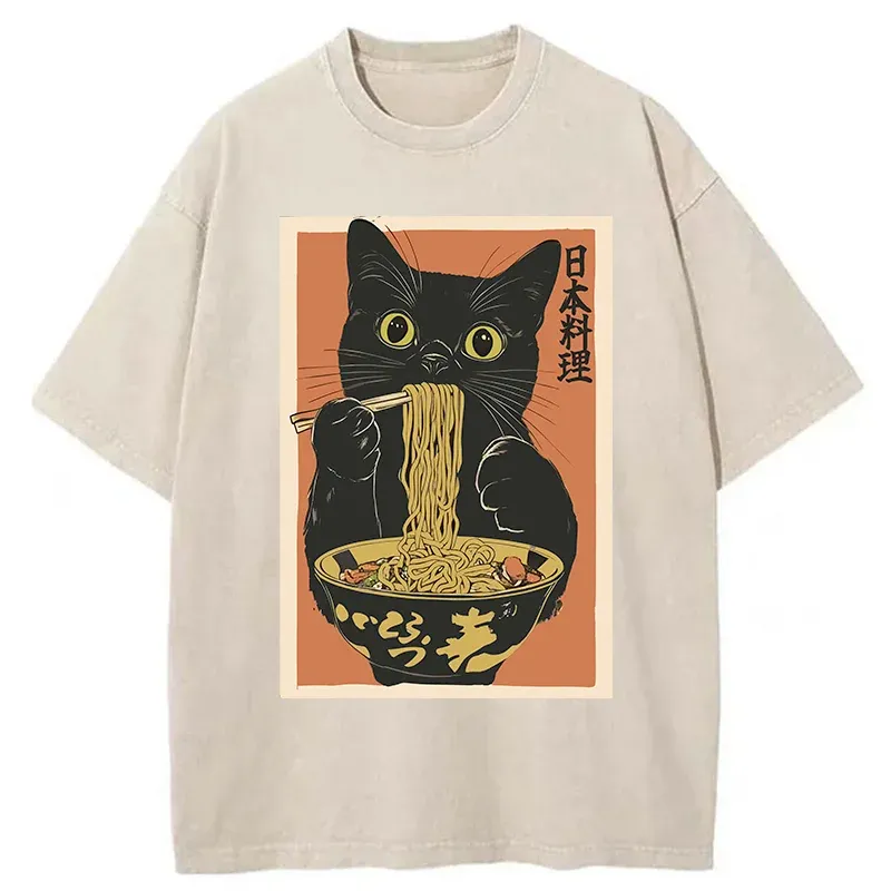 Tokyo-Tiger Black Cat Eats Japan Ramen Washed T-Shirt