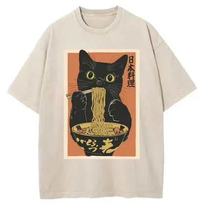 Tokyo-Tiger Black Cat Eats Japan Ramen Washed T-Shirt