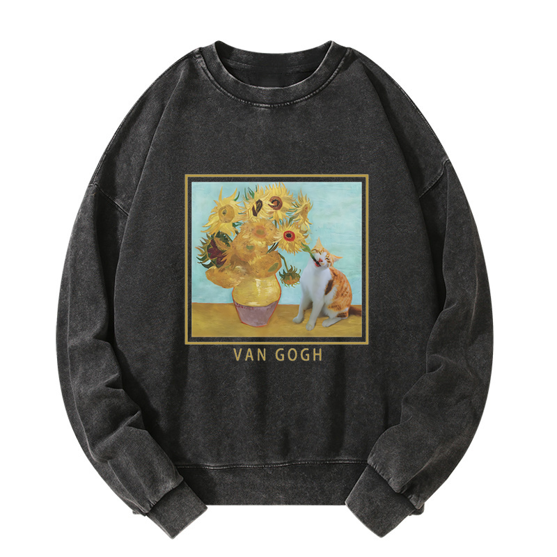 Tokyo-Tiger Naughty Cat Biting Sunflower Washed Sweatshirt