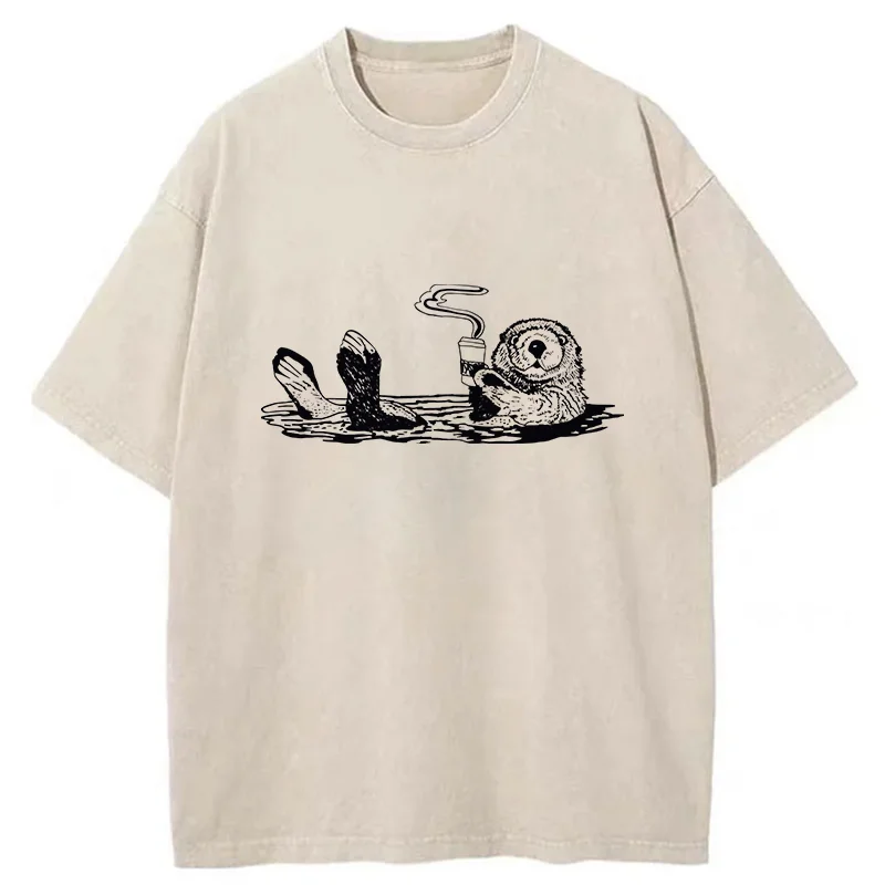 Tokyo-Tiger Otter Drinking Coffee Washed T-Shirt