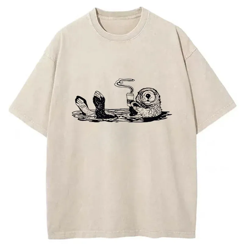 Tokyo-Tiger Otter Drinking Coffee Washed T-Shirt