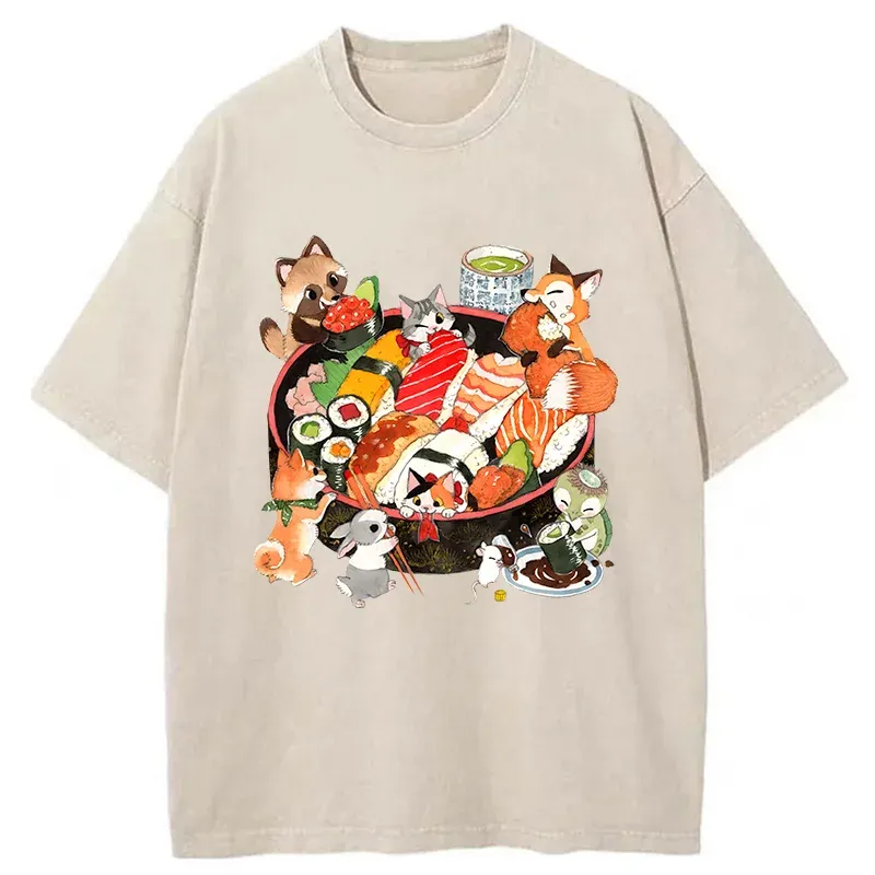 Tokyo-Tiger Sushi Animal Party Washed T-Shirt