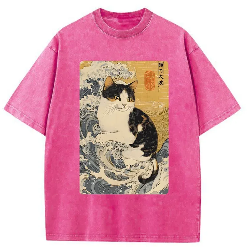Tokyo-Tiger Surfing Cat Washed T-Shirt