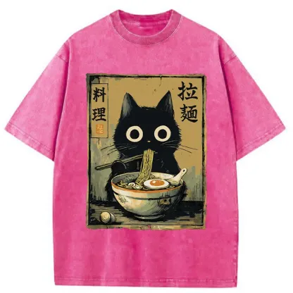Tokyo-Tiger Cute Black Cat Eating Ramen Washed T-Shirt