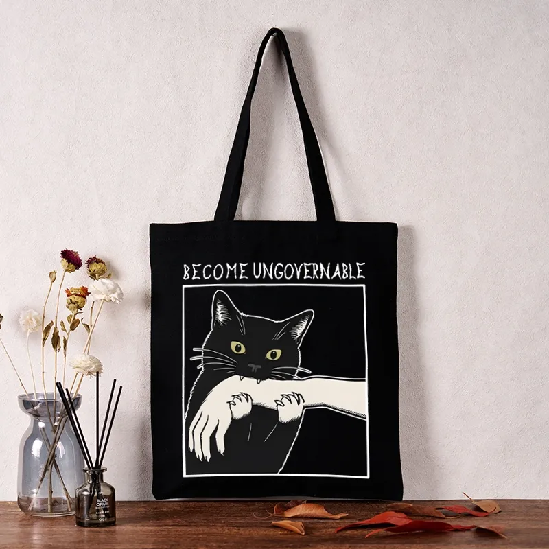 Tokyo-Tiger Black Cat Biting Tote Bag