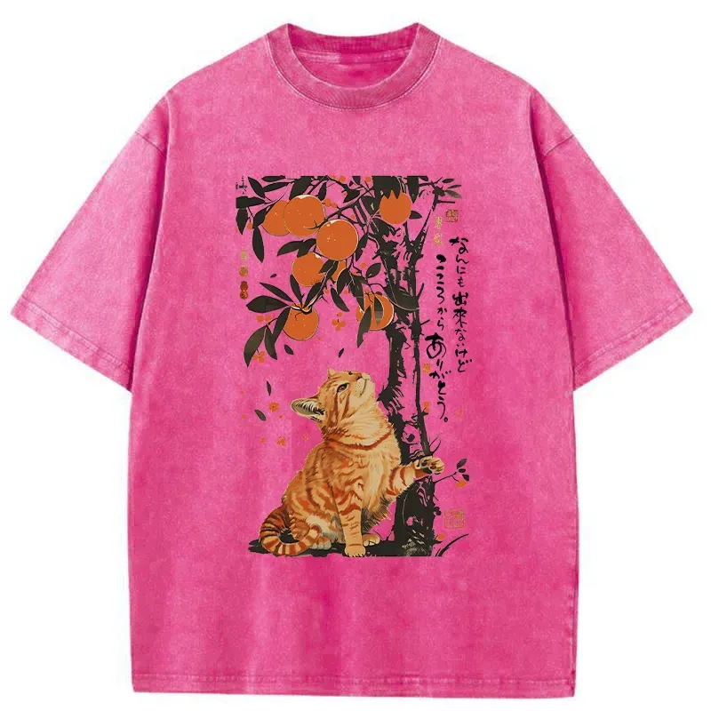 Tokyo-Tiger Orange Cat Wants To Eat Oranges Washed T-Shirt