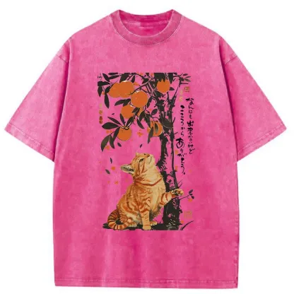 Tokyo-Tiger Orange Cat Wants To Eat Oranges Washed T-Shirt