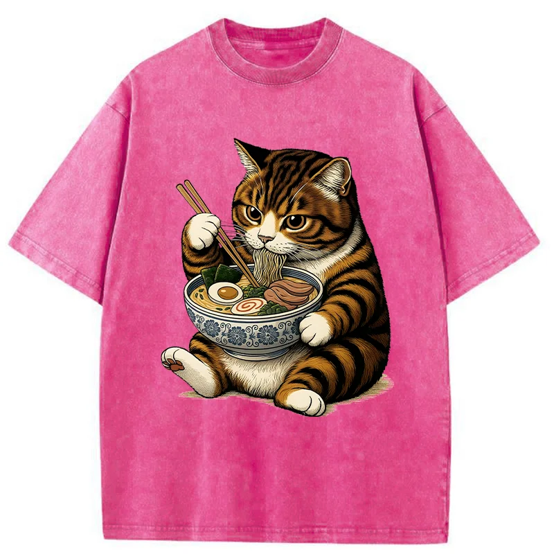 Tokyo-Tiger Tabby Cat Eats Ramen Washed T-Shirt