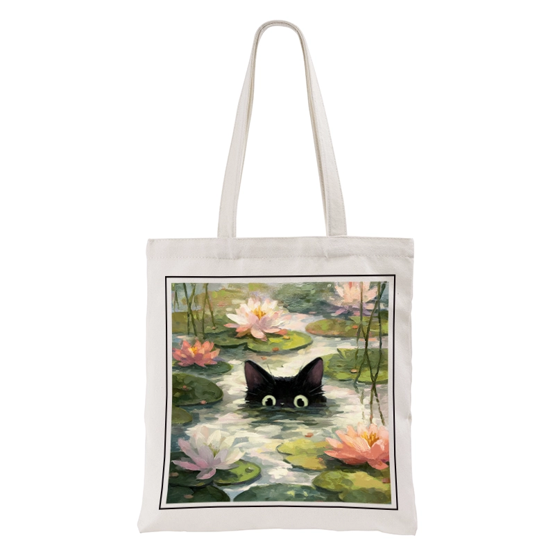 Tokyo-Tiger Black Cat and Lotus Flower Tote Bag