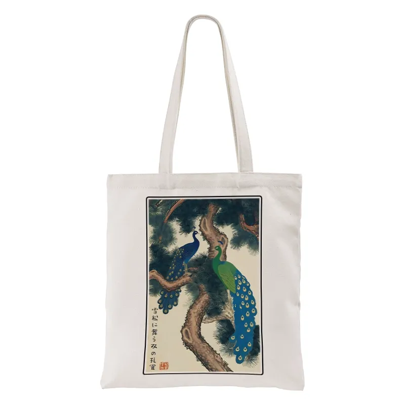 Tokyo-Tiger Peacocks in Snowy Pines Tote Bag