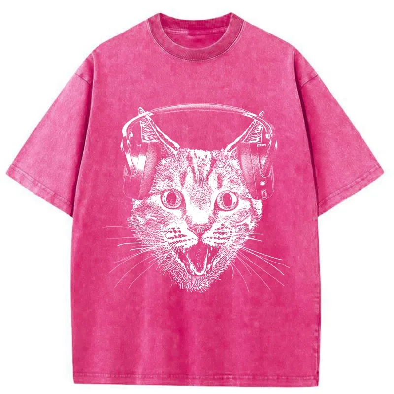 Tokyo-Tiger Cat With Headphones Washed T-Shirt
