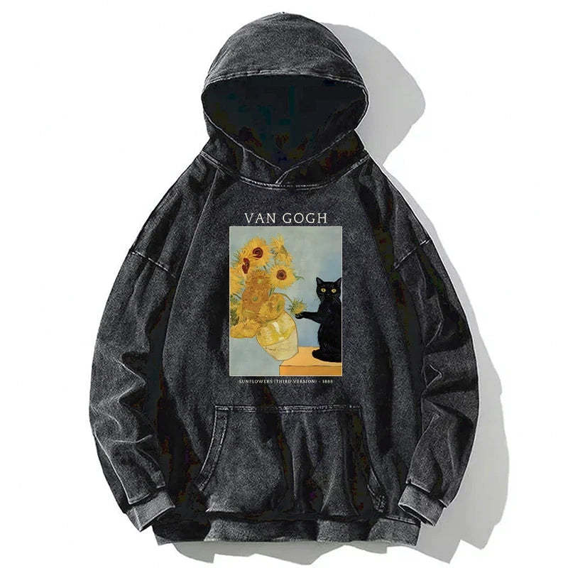 Tokyo-Tiger Black Cat With Sunflowers Washed Hoodie