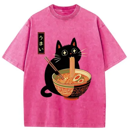 Tokyo-Tiger Cat Eats Super Delicious Ramen Washed T-Shirt