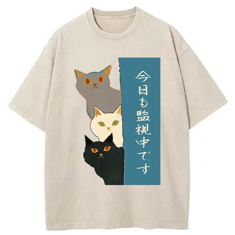 Tokyo-Tiger Cats Secretly Watching Washed T-Shirt Sale
