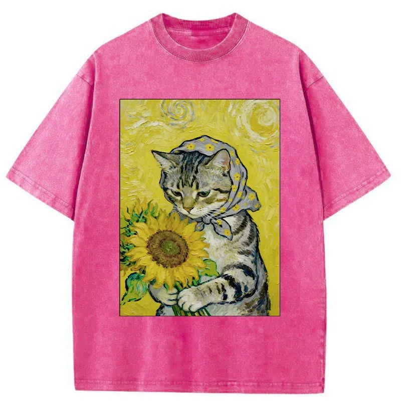 Tokyo-Tiger Cat Is Picking Sunflowers Washed T-Shirt Sale