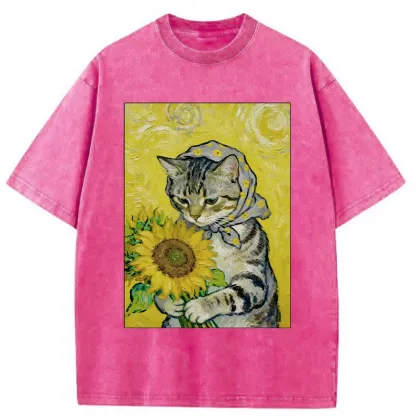 Tokyo-Tiger Cat Is Picking Sunflowers Washed T-Shirt