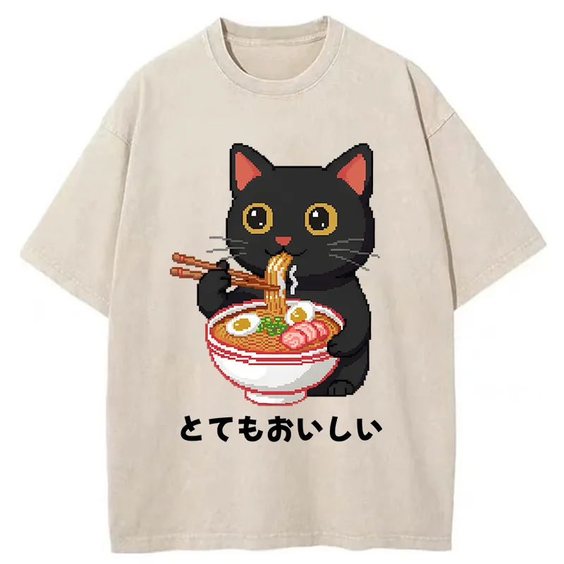 Tokyo-Tiger Black Cat Eats Ramen Pixel Art Style Washed T-Shirt