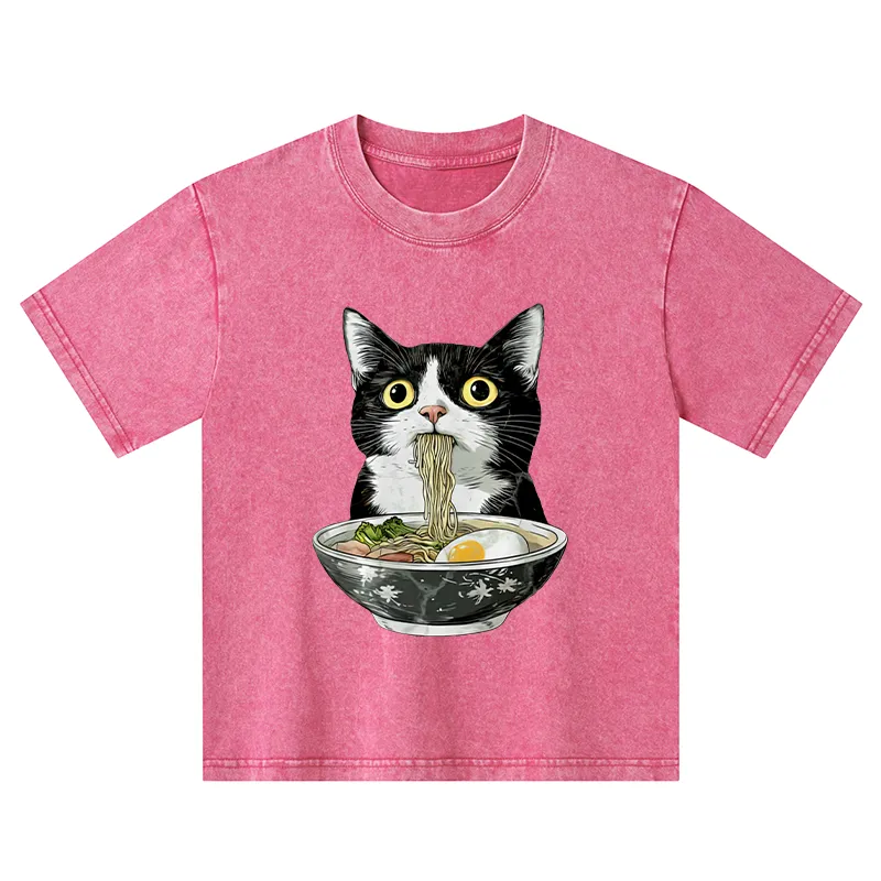Tokyo-Tiger Cute Cat Eating Japan Ramen Kids Washed T-Shirt