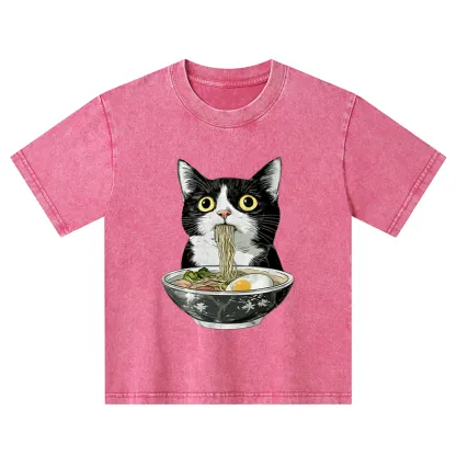 Tokyo-Tiger Cute Cat Eating Japan Ramen Kids Washed T-Shirt