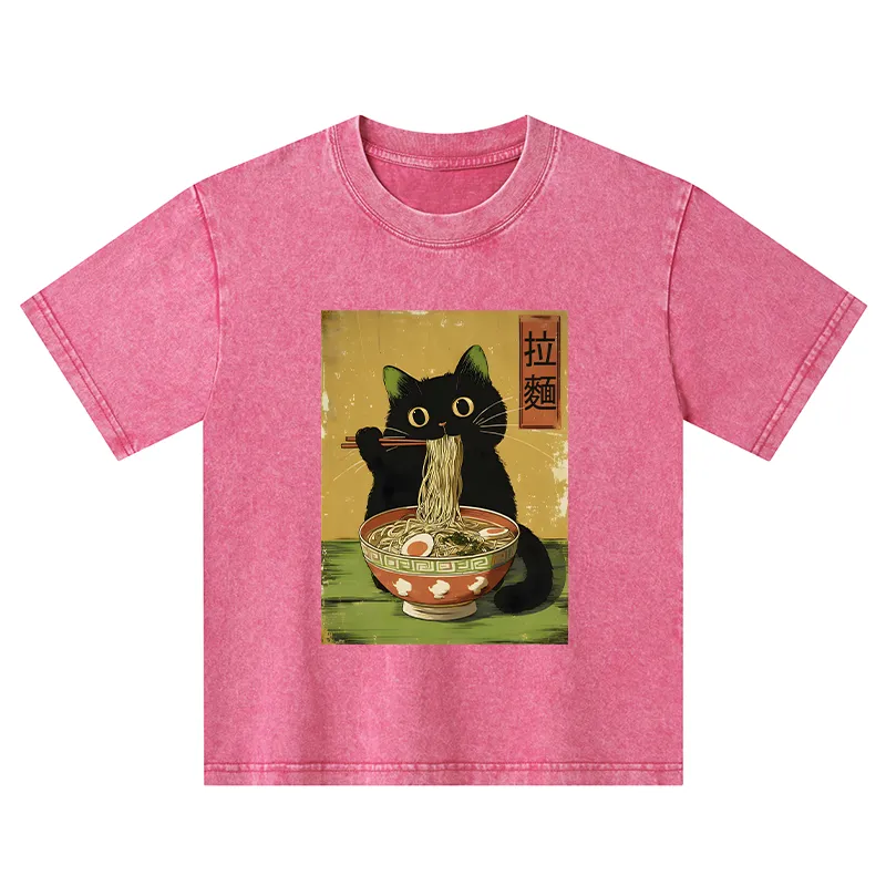 Tokyo-Tiger Vintage Japanese Cat Eating Ramen Kids Washed T-Shirt