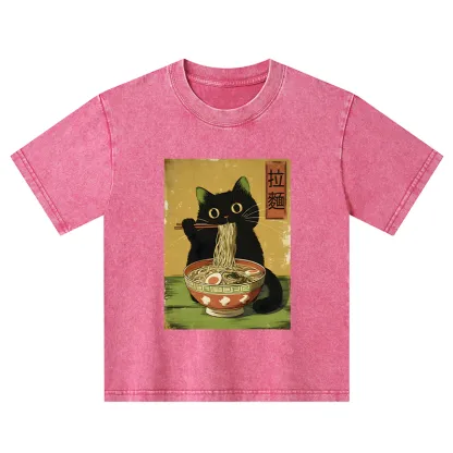 Tokyo-Tiger Vintage Japanese Cat Eating Ramen Kids Washed T-Shirt