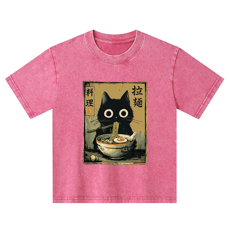 Tokyo-Tiger Cute Black Cat Eating Ramen Japan Kids Washed T-Shirt