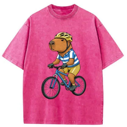 Tokyo-Tiger Capybara Riding A Bicycle Washed T-Shirt