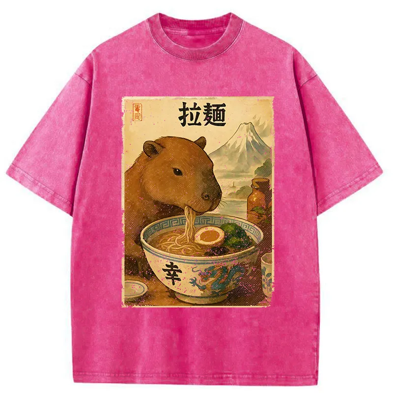 Tokyo-Tiger Capybara Eating Japan Ramen Washed T-Shirt