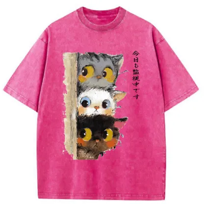 Tokyo-Tiger Three Cats Secretly Monitor Their Owner Washed T-Shirt