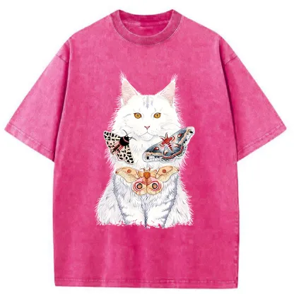 Tokyo-Tiger Elegant White Cat Washed T-Shirt