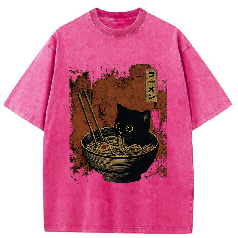 Tokyo-Tiger Retro Cat Eating Japan Ramen Washed T-Shirt