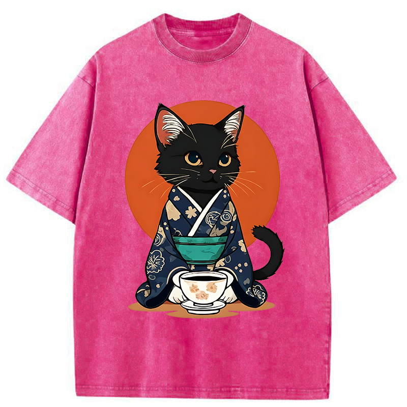 Tokyo-Tiger A Black Cat Wearing A Kimono Washed T-Shirt