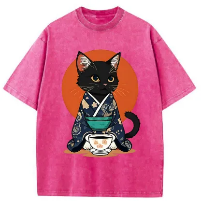 Tokyo-Tiger A Black Cat Wearing A Kimono Washed T-Shirt