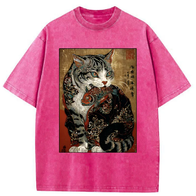 Tokyo-Tiger Gorgeous Cat Eats Fish Washed T-Shirt