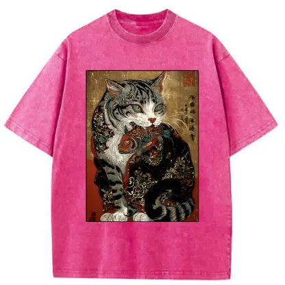 Tokyo-Tiger Gorgeous Cat Eats Fish Washed T-Shirt