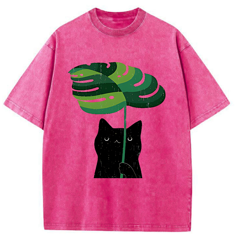 Tokyo-Tiger Monstera Deliciosa And Cat Washed T-Shirt