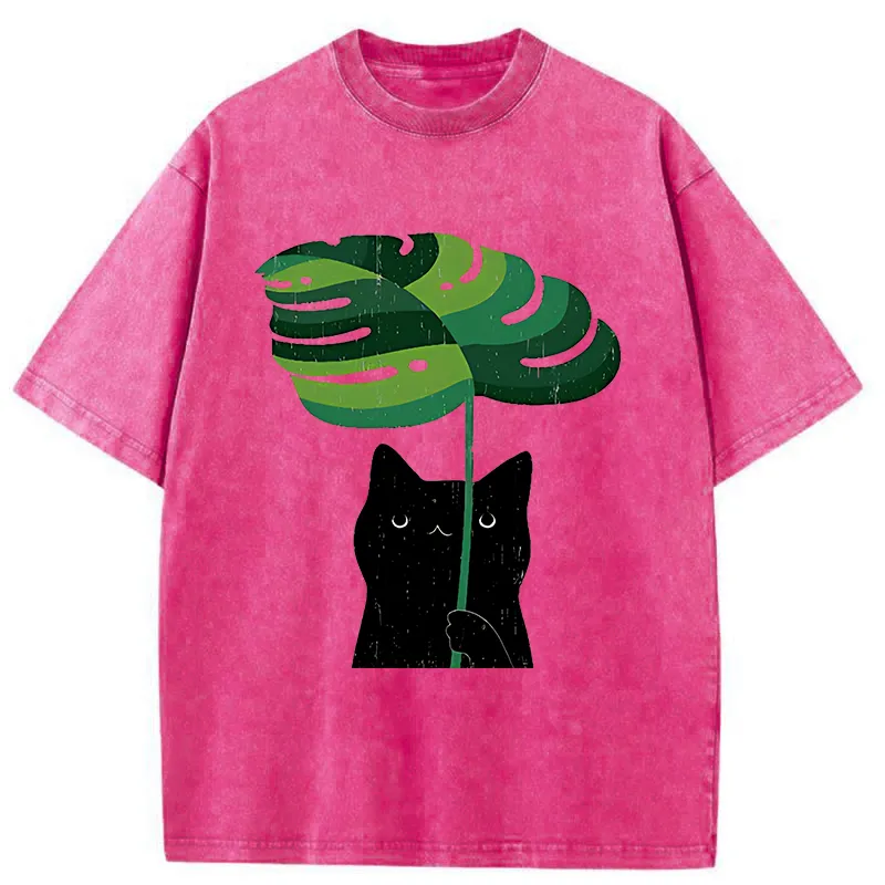 Tokyo-Tiger Monstera Deliciosa And Cat Washed T-Shirt