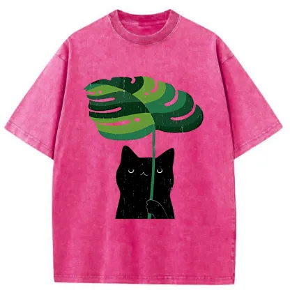 Tokyo-Tiger Monstera Deliciosa And Cat Washed T-Shirt