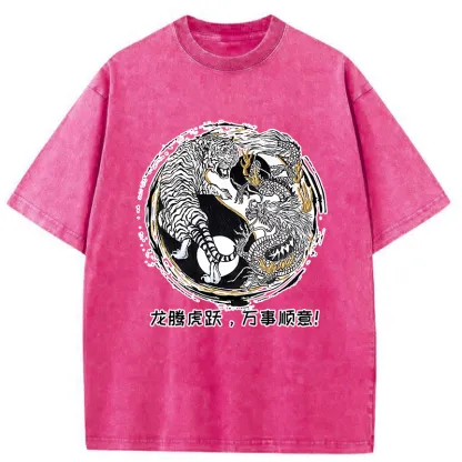Tokyo-Tiger Dragon And Tiger Battle Washed T-Shirt