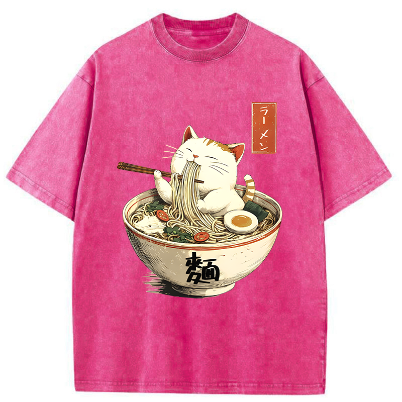 Tokyo-Tiger White Cat Eating Ramen Washed T-Shirt