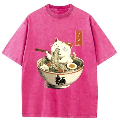 Tokyo-Tiger White Cat Eating Ramen Washed T-Shirt
