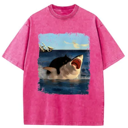 Tokyo-Tiger Cat Bites Shark Washed T-Shirt