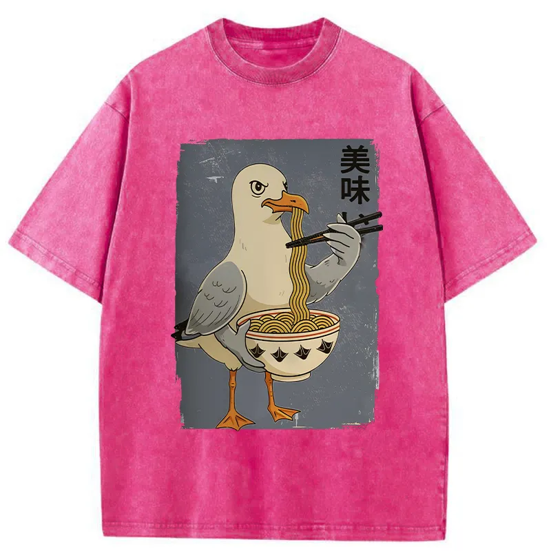 Tokyo-Tiger Pigeons Eating Ramen Washed T-Shirt