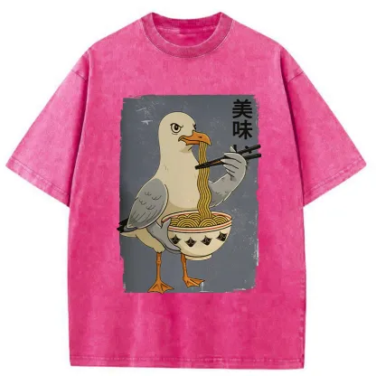 Tokyo-Tiger Pigeons Eating Ramen Washed T-Shirt