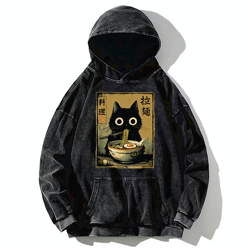 Tokyo-Tiger Cute Black Cat Eating Ramen Japan Washed Hoodie