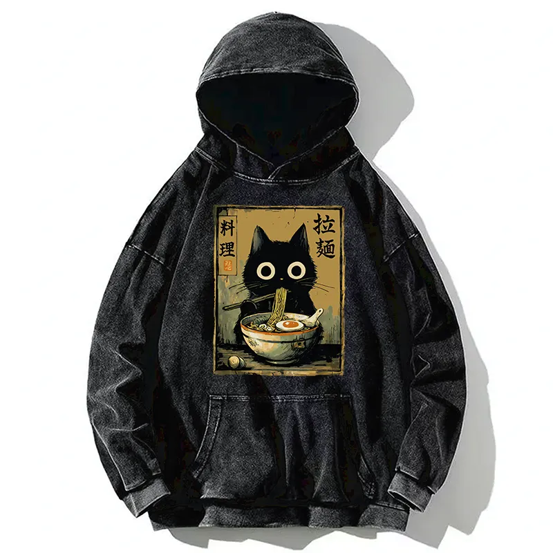 Tokyo-Tiger Cute Black Cat Eating Ramen Japan Washed Hoodie