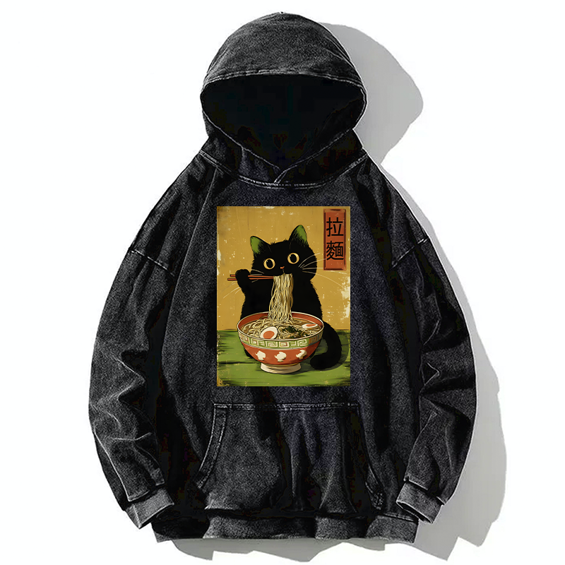 Tokyo-Tiger Vintage Japanese Cat Eating Ramen Washed Hoodie
