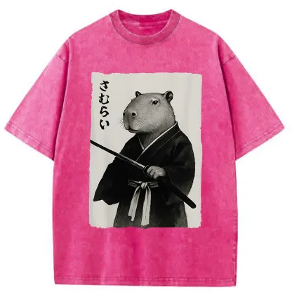 Tokyo-Tiger Capybara Japanese Samurai Washed T-Shirt
