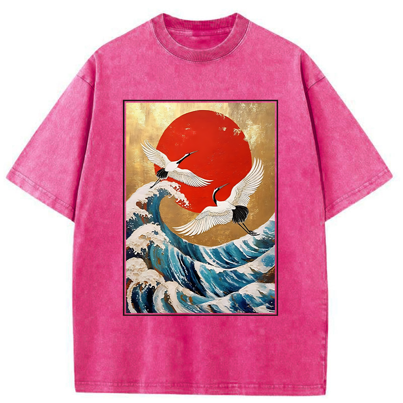 Tokyo-Tiger Cranes And Waves Ukiyo-e Washed T-Shirt